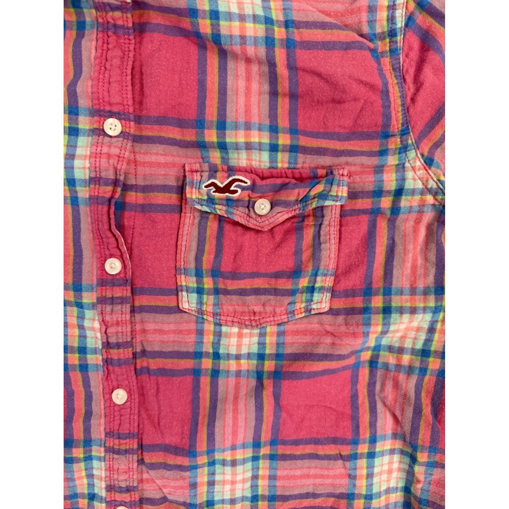 Hollister Preppy Coastal Y2K Gingham Plaid Button Down Shirt Women L Pink Blue - Picture 4 of 11